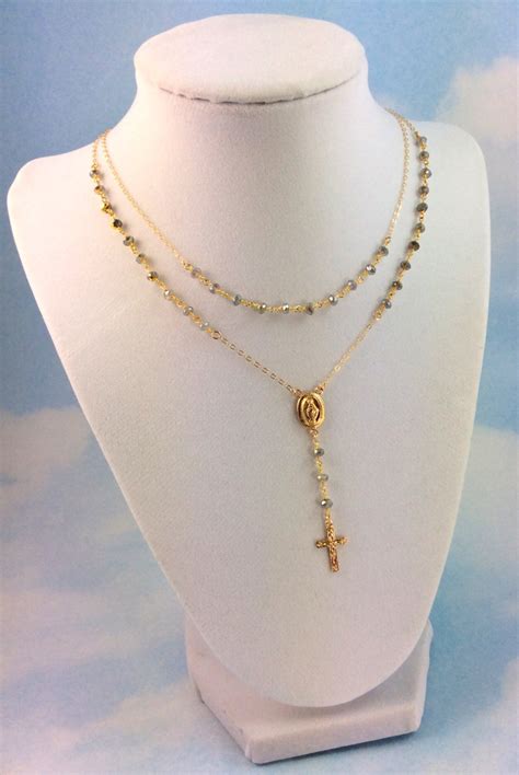 Gold Rosary Necklace Catholic Rosary Cross Necklace Women Etsy