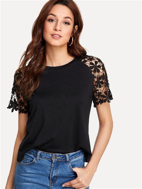 Floral Lace Raglan Sleeve T Shirt Shein Sheinside Ropa De Moda