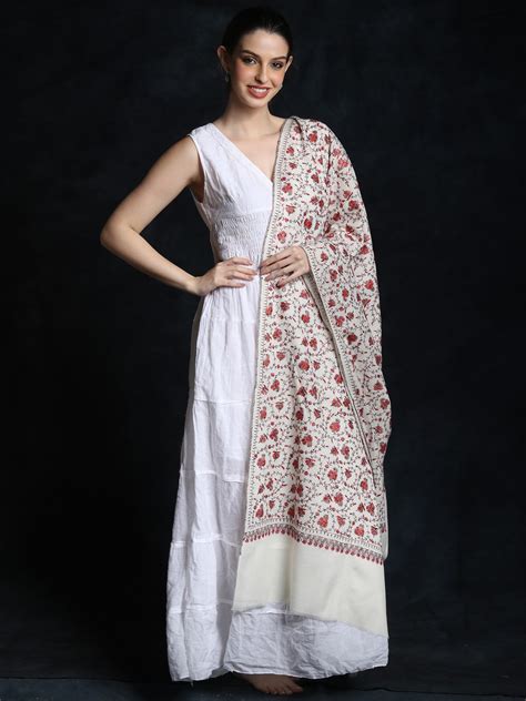 Star White Pure Tusha Shawl From Kashmir With Sozni Paisley Jaal