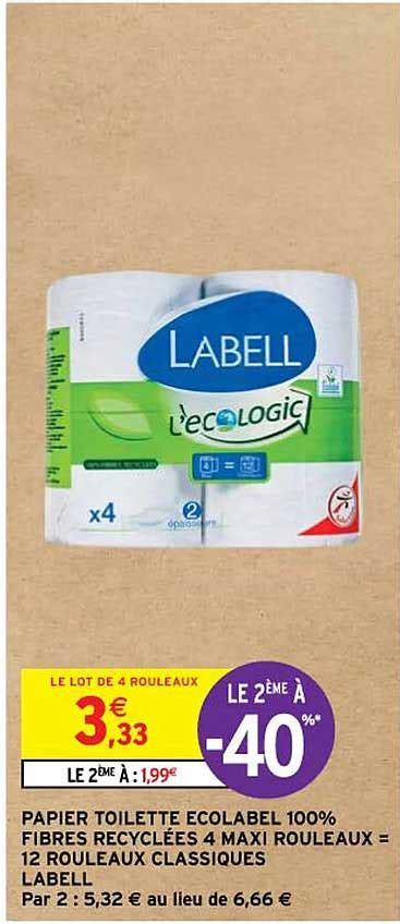 Promo Papier Toilette Ecolabel 100 Fibres Recyclees 4 Maxi Rouleaux