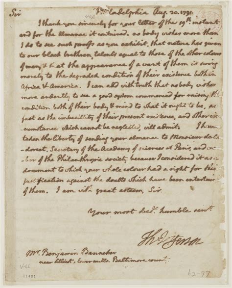 Letter, Thomas Jefferson to Benjamin Banneker expressing his belief
