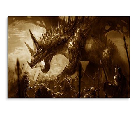 120x80cm Wandbild Fotoleinwand Bild in Sepia Ritter kämpft mit Drachen