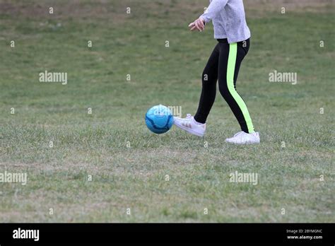 24042020 Berlin Germany Close Up Young People Kicking A Blue