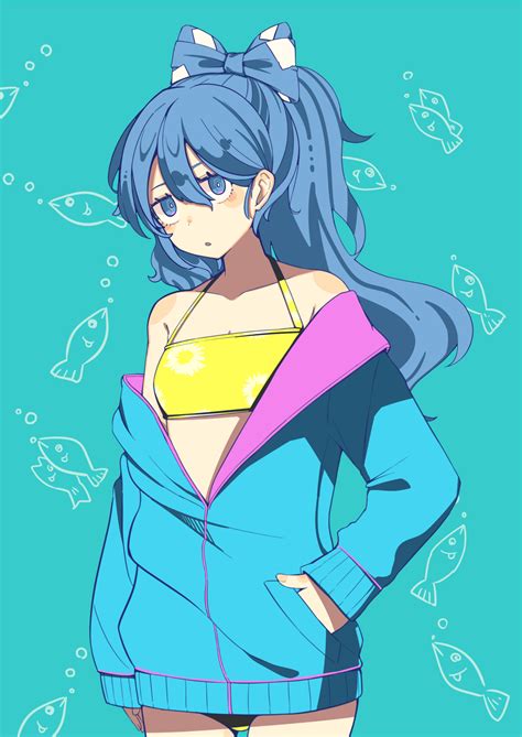Safebooru 1girl Ai Ken Bandeau Bare Shoulders Bikini Blue Background