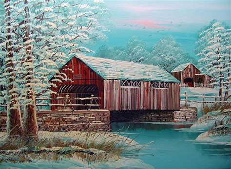 COVERED BRIDGE IN WINTER, OIL PAINTING ON CANVAS, K. MICHAELSON, 24 X 36, FRAMED | #1841243869