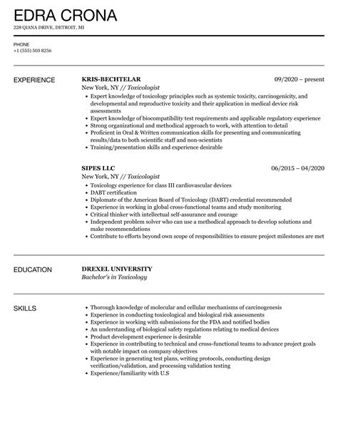 Toxicologist Resume Samples Velvet Jobs