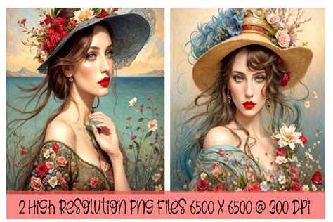 Women with Hats and Flowers Set of 2 Graphic by Annie's AI Art · Creative Fabrica