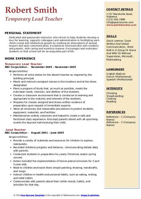 Lead Teacher Resume Samples Qwikresume