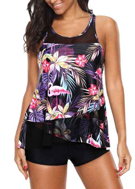 Mesh Panel Flower Print Black Tankini Set On Sale Only Us 29 59 Now