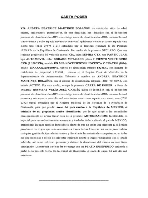 Carta Poder Vehiculo Salvador Pdf Guatemala