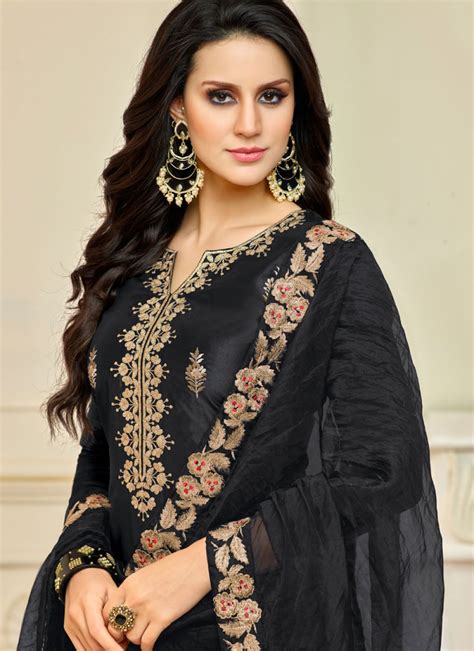 Shop Resham Art Silk Designer Palazzo Suit In Black Online