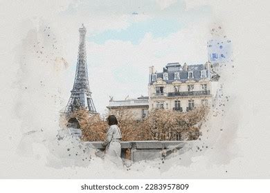 Watercolor Drawing Picture City View Paris Stock Illustration