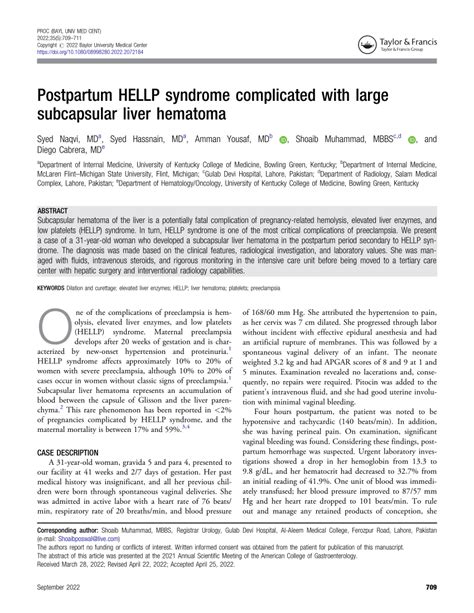 Pdf Postpartum Hellp Syndrome Complicated With Large Subcapsular Liver Hematoma