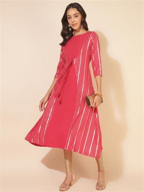 Buy Janasya Women S Dark Pink Crepe Foil Printed A Line Kurta Online At Best Prices In India