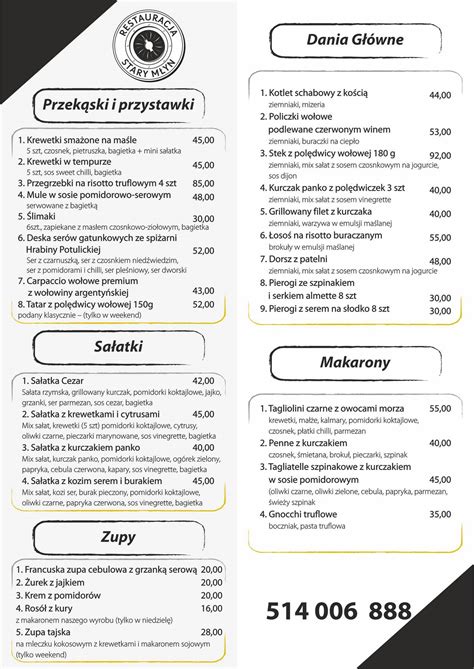 Menu at Restauracja Stary Młyn restaurant Jarocin