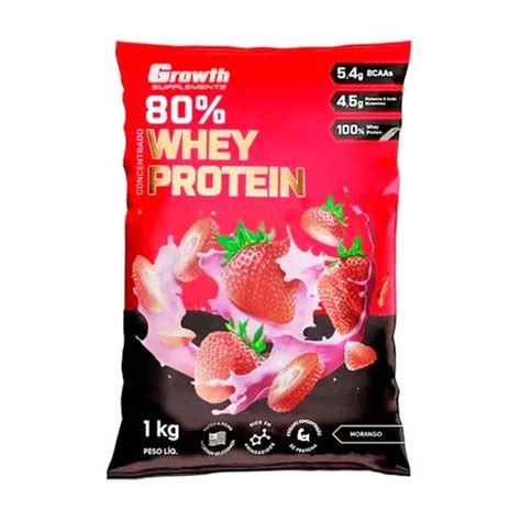 Whey Protein Morango 80 Proteína Concentrado 1kg Growth Suplementos