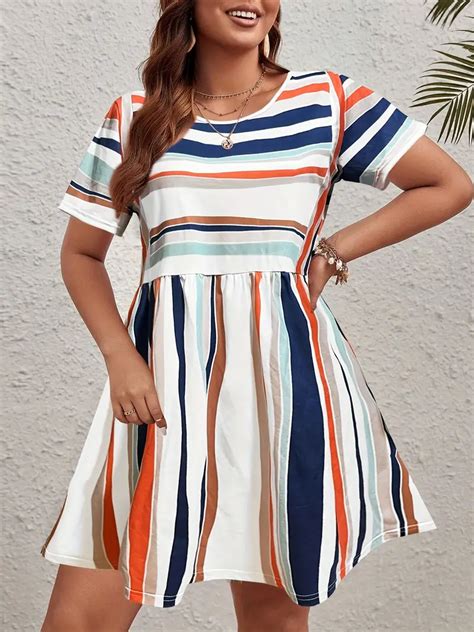 Casual Dress Plus Size Women S Plus Colorblock Stripe Print Temu