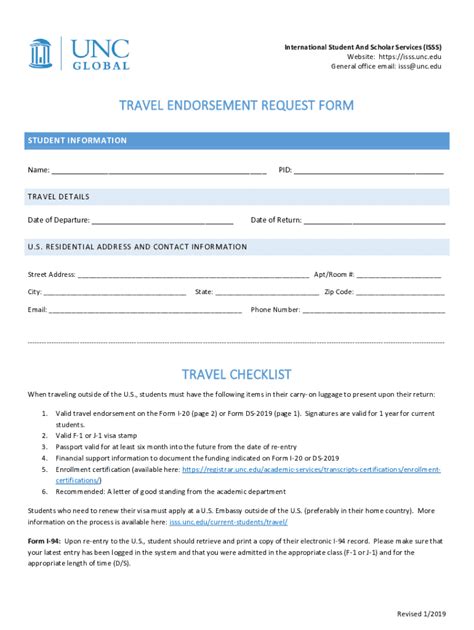 Fillable Online Isss Unc Travel Endorsement Request Form Isss Fax