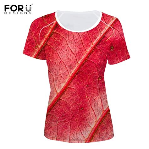 Forudesigns Harajuku Women O Neck T Shirts D Plant Red Leaves Printing