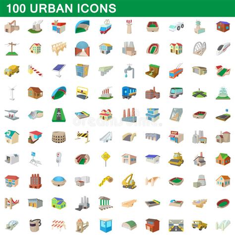 100 Iconos Urbanos Fijados Estilo De La Historieta Stock De