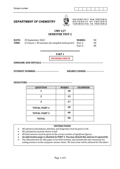 202209120 Semester Test 2 Part 1 Memorandum DEPARTMENT OF CHEMISTRY