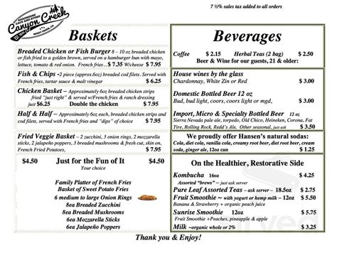 Menu Berry Creek CA s Canyon Creek Roadhouse Café Sirved