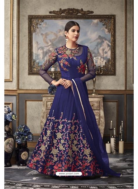 Buy Royal Blue Heavy Embroidered Designer Net Anarkali Suit Anarkali