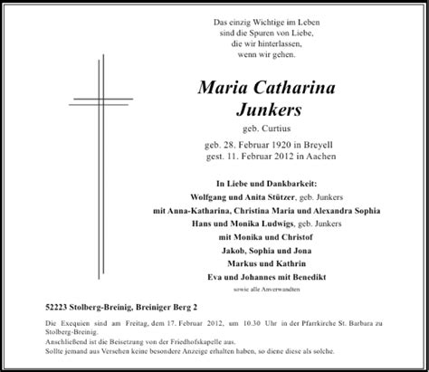 Alle Traueranzeigen F R Maria Catharina Junkers Trauer Rp Online De