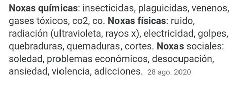 Ejemplos De Noxas Fisicas Qu Micas Sociales Y Biol Gicas Brainly Lat