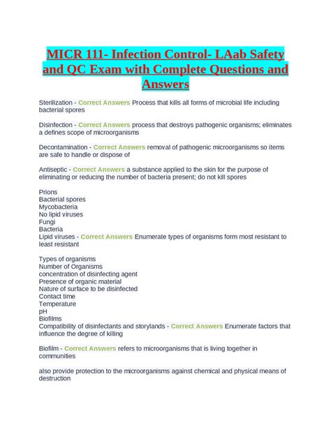 Micr Infection Control Laab Safety And Qc Exam With Complete