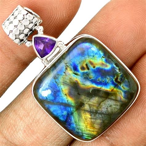 Pendentif protection labradorite et améthyste monture argent 925 ref 1022