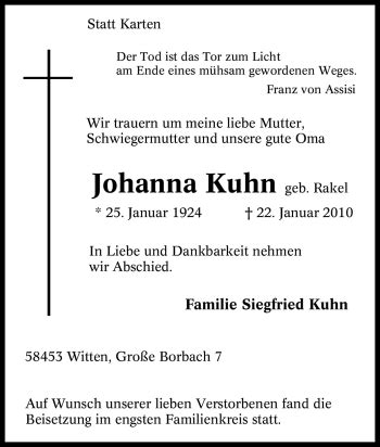 Traueranzeigen Von Johanna Kuhn Trauer In Nrw De