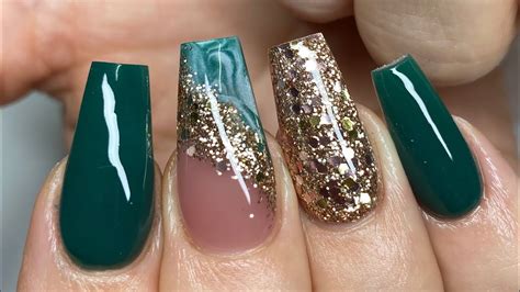 Emerald Green And Gold Acrylic Nail Tutorial Youtube