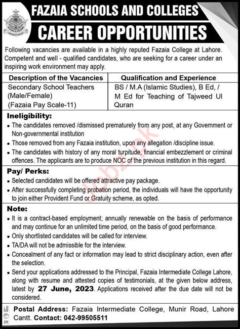 Fazaia Schools And Colleges Lahore Jobs 2023 2024 Job Advertisement