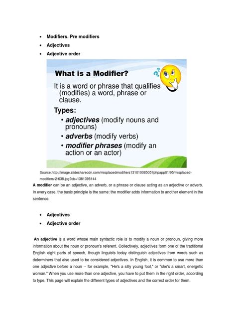 Modifiers Pre Modifiers Adjectives Adjective Order Pdf Organic Chemistry Chemistry