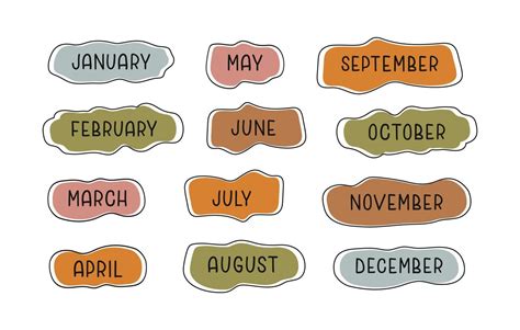 Handwritten colorful names of months on white background. Modern bright cartoon design for ...