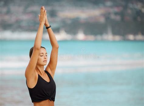 Breathing Fitness And Meditation With Woman On Beach For Balance