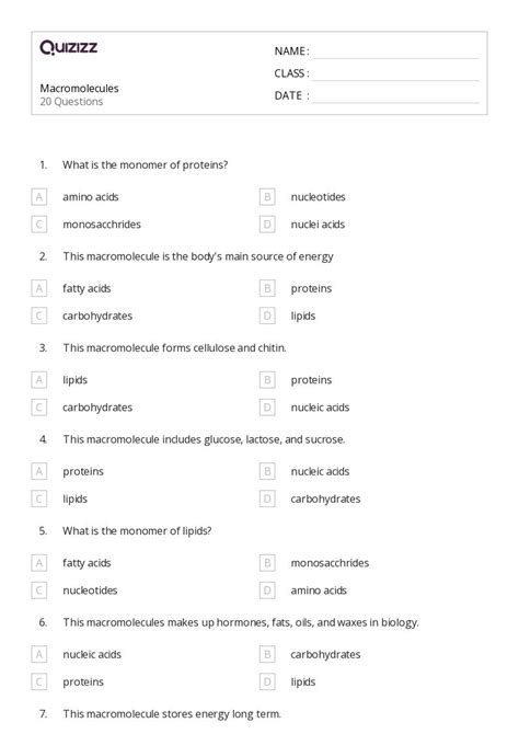 50 Macromolecules Worksheets For 9th Grade On Quizizz Free Printable