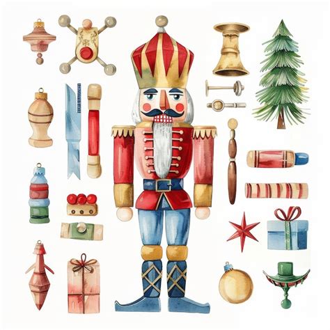 Watercolor Christmas Nutcracker Decorations Set Isolated On White