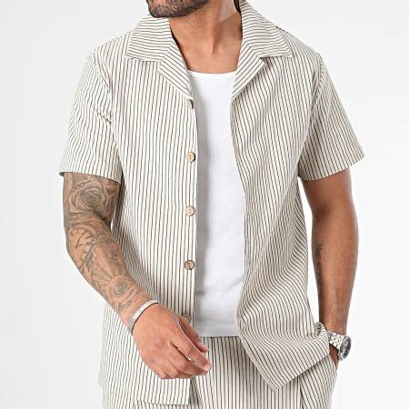 Frilivin Ensemble Chemise Manches Courtes Et Pantalon A Rayures Beige