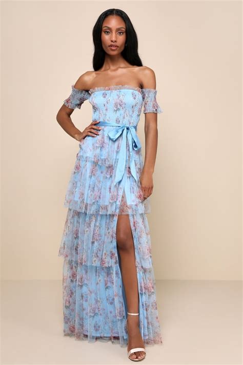 Blue Floral Print Dress Ots Smocked Dress Tiered Maxi Dress Lulus