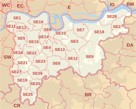 London SE Postcode Area - SE1, SE2, SE3, SE4, SE5, SE6, SE7, SE8, SE9 ...