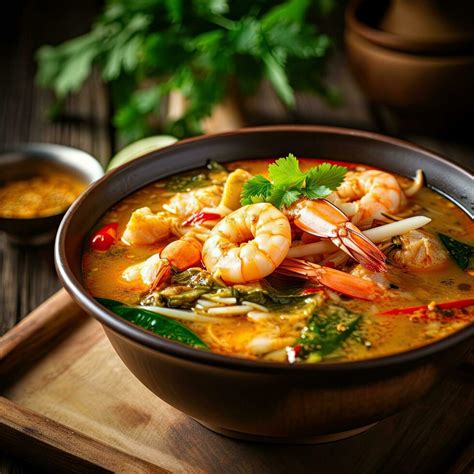 Tom Yum Goong Thailand Food Rustic Style Background Copy Space