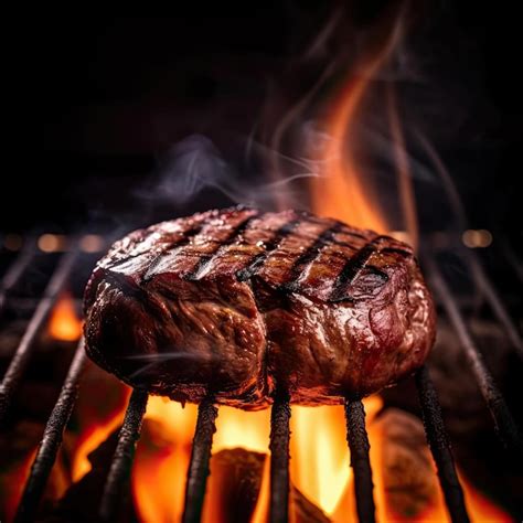 Filetes De Ternera A La Parrilla A La Parrilla Con Llamas En El Fondo