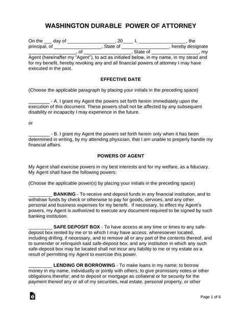 Free Blank Printable Power Of Attorney Form Washington State