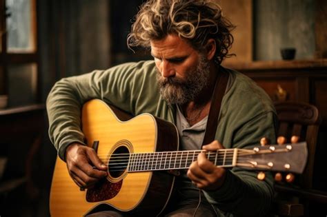 Premium Photo Bearded Man Playing Acoustic Guitar