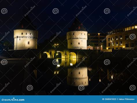 Broel Towers in Belgian City of Kortrijk at Night Stock Photo - Image ...