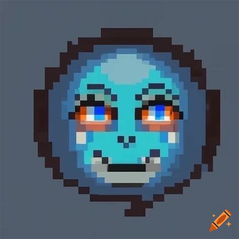 Blue round face, creepy smile, pixel art