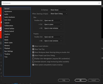 Tampilan Menu Opsi Preference Adobe Premiere Pro