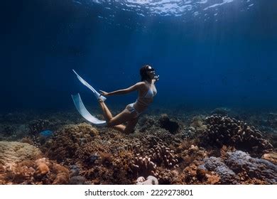 Woman Freediver Posing Sand Hands Underwater Stock Photo 2270941297